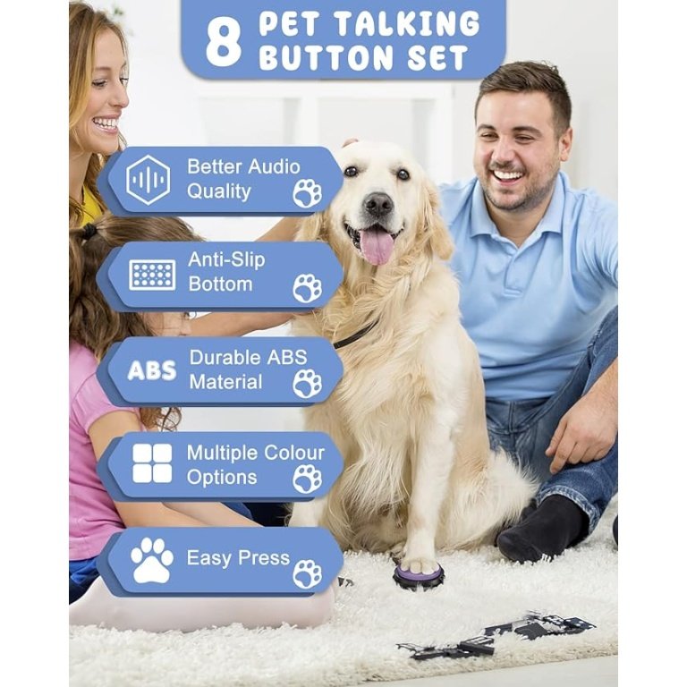 8 Talking Buttons for Dogs with Recordable Voice, Waterproof, Anti-Slip Mat.